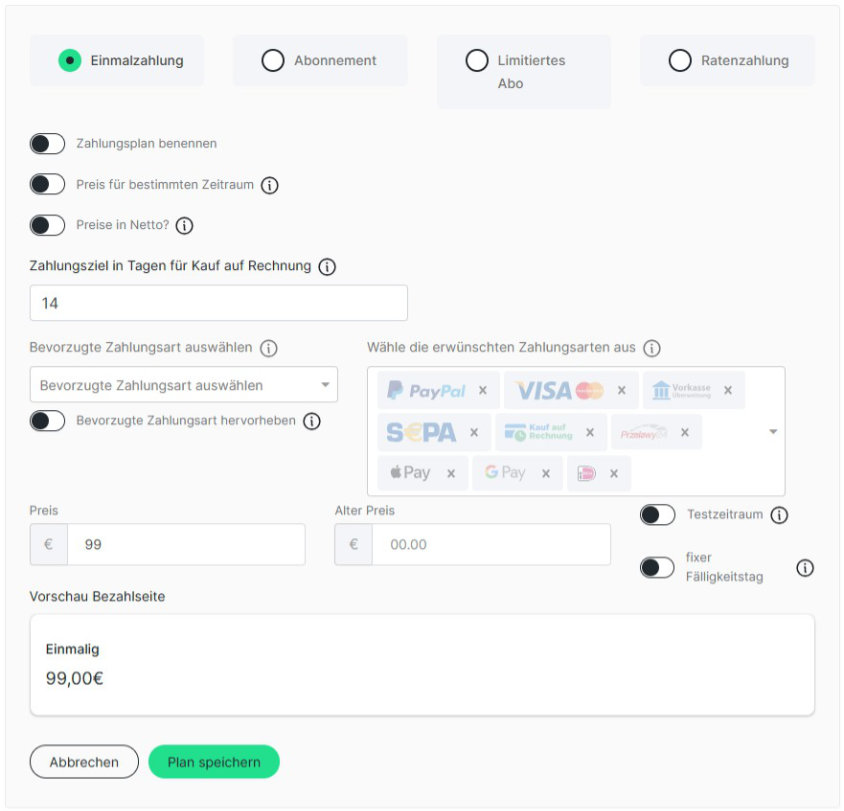 Ablefy Zahlungsoptionen