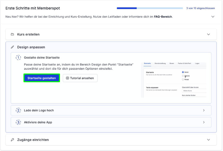 Memberspot Startseite gestalten
